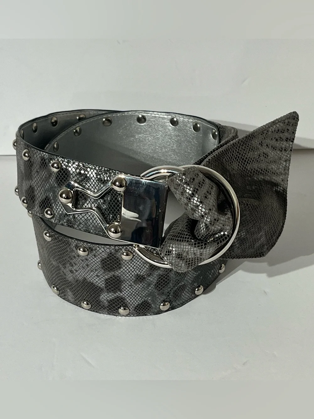 PER SE Vintage Wide Leather Cinch Belt Silver Snakeskin Studded USA Made